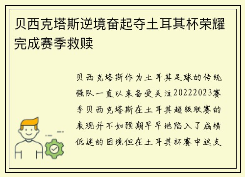 贝西克塔斯逆境奋起夺土耳其杯荣耀完成赛季救赎