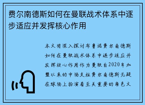 费尔南德斯如何在曼联战术体系中逐步适应并发挥核心作用