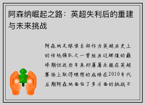 阿森纳崛起之路：英超失利后的重建与未来挑战
