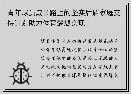 青年球员成长路上的坚实后盾家庭支持计划助力体育梦想实现