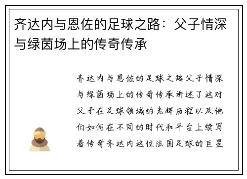 齐达内与恩佐的足球之路：父子情深与绿茵场上的传奇传承